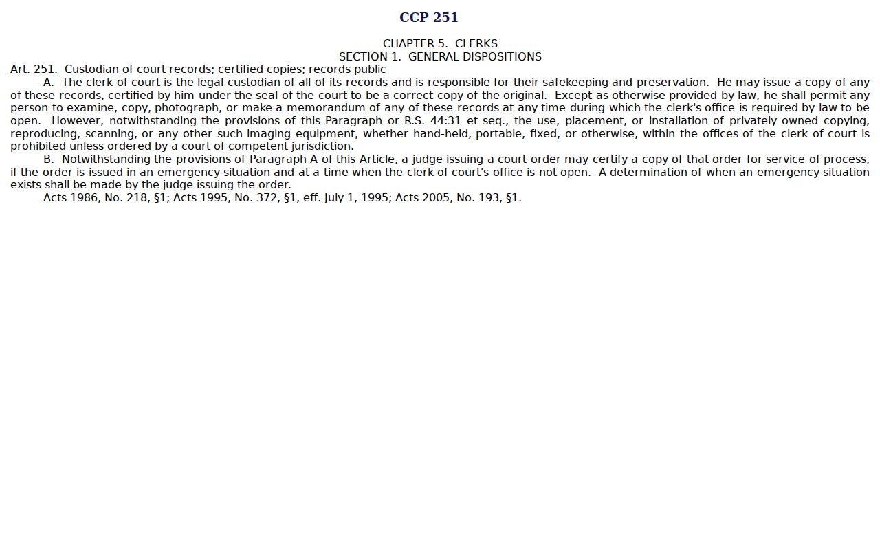 Morehouse Parish civil court docket public inspection and clerk custody rule