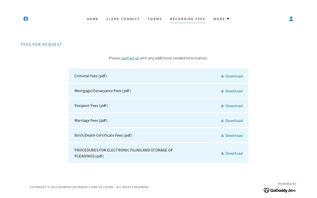 Morehouse Parish court records clerk fees page