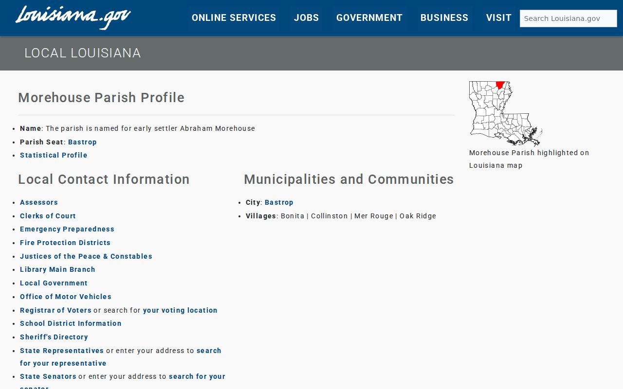 Morehouse Parish court docket municipality information from the Louisiana parish profile
